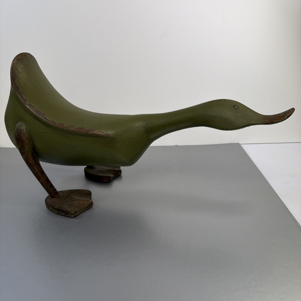 Vintage Hand Carved Artisan Wood Standing Duck - GREEN DISTRESSED 15"x9"